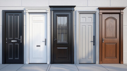 These are doors in various colors like white, gray, black, and brown. Some have mirrors and metal handles. They can open to the left or right. They are meant for entrances and are made of metal.
