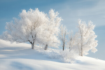 Serene winter landscape with snow-covered trees against a clear blue sky, evoking a sense of calm and tranquility in a pristine, frosty setting.