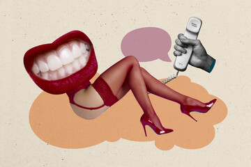 Composite photo collage of hand hold receiver bubble speech instead head mouth teeth tempting...