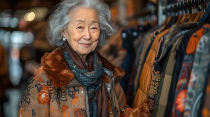Obraz premium Happy mature woman in a clothing store, posing for a portrait