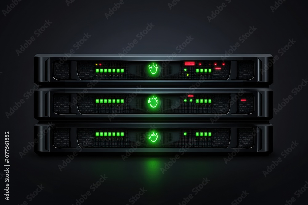 Aufkleber Three servers display blinking green indicators against a dark backdrop, illustrating active data processing and connectivity in technology. Generative AI