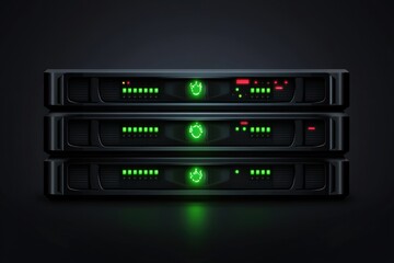 Three servers display blinking green indicators against a dark backdrop, illustrating active data processing and connectivity in technology. Generative AI