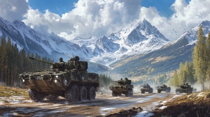 Military vehicles drive through a mountain pass.