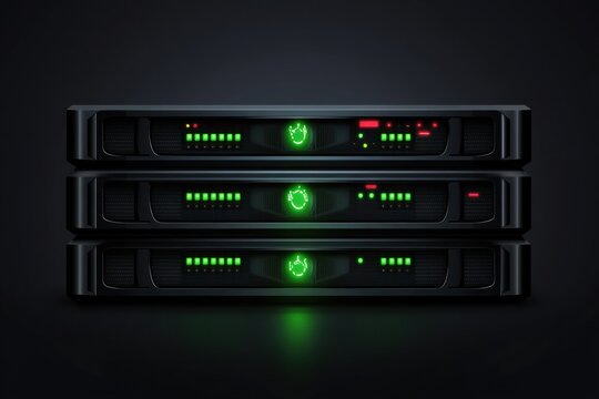 Three servers display blinking green indicators against a dark backdrop, illustrating active data processing and connectivity in technology. Generative AI