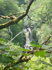 Devil's Bridge in Wales, United Kingdom in the summer with lush green vegetation, trees, bright day. Waterfalls