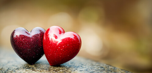 Fototapeta premium Two gloTwo glossy heart-shaped figurines in dark red and bright red colors rest closely together on a smooth outdoor stone surface, symbolizing love and unity. Valentine's Day. Copy space