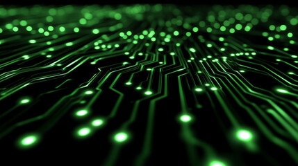 Obraz premium Close-up view of a glowing green circuit board with data pathways