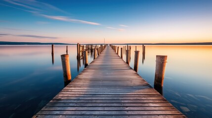 Fototapeta premium Wooden Dock Extending into Tranquil Water at Sunset
