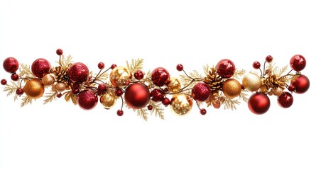 Christmas garland with red and gold baubles, berries, and pinecones on a white background. PNG transparent.