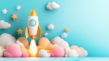 A vibrant rocket ascends among fluffy clouds and stars, symbolizing dynamic business growth and success