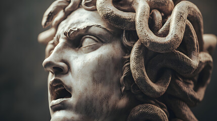 A Lush and Elegant Portrait of a Medusa Head Sculpture Blending Ancient Classical Art with Fierce Mythology