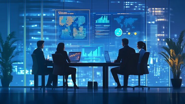 Corporate Strategy Meeting Indian executives a highrise office discussing the implementation of a new corporate strategy using data visualization tools