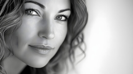 Naklejka premium Serenity Captured: Close-Up black and white Shot of a Woman with a Calming Expression Against a White Background
