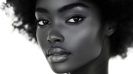 Fototapeta premium Serenity Captured: Close-Up black and white Shot of a Woman with a Calming Expression Against a White Background