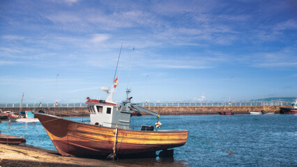 Galician fishing boat with sunset light in Rias Baixas. Galicia Cambados, Spain