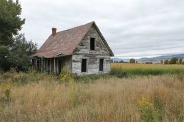 A rustic, abandoned farmhouse in a field. This image is perfect for projects about history, nostalgia, or rural life.
