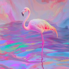 Fototapeta premium A vibrant pink flamingo stands gracefully on a shimmering, iridescent water surface.