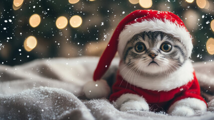 Cat in Festive Red Santa Claus Costume and White Fluffy Beard Portrait, Christmas Holiday Pet Photography with Traditional Santa Hat, Winter Season Animal Photo with Cute Kitten in Red and White
