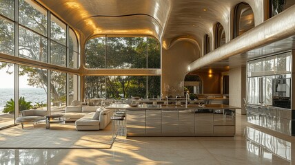 Modern, spacious interior with large windows and sleek design.