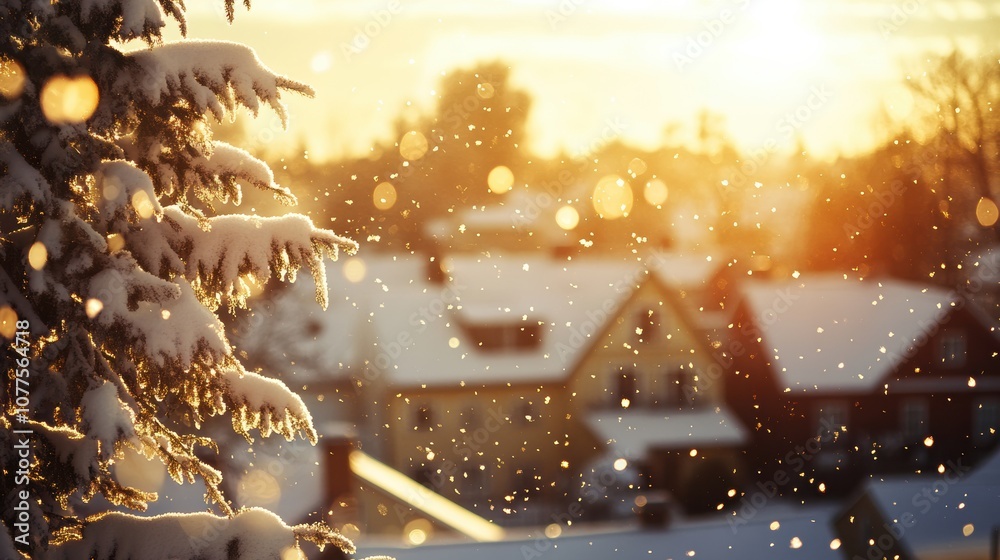 Aufkleber a charming christmas village covered in fresh snow shines under the soft light of a setting sun, cre