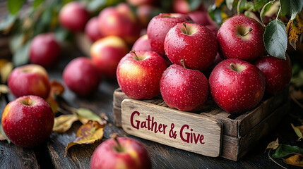 An orchard with apple trees and "Gather & Give"