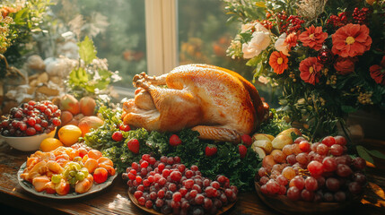 Roasted turkey centerpiece with fresh fruit & greenery for a festive meal.