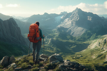 A man with a backpack is standing on a mountain top