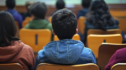 Rear view of a boy sitting in a classroom, listening to a lecture.