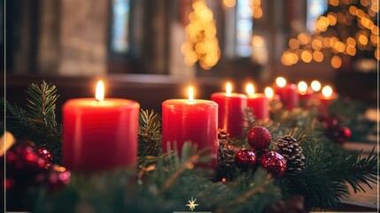 Red candles in a row on a Christmas wreath with pine branches, red ornaments and pine cones.