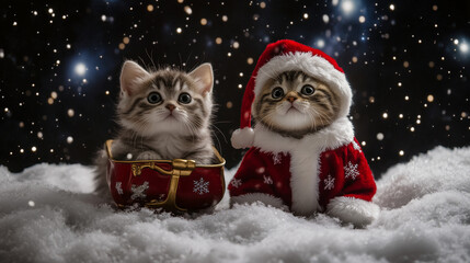 Cat in Festive Red Santa Claus Costume and White Fluffy Beard Portrait, Christmas Holiday Pet Photography with Traditional Santa Hat, Winter Season Animal Photo with Cute Kitten in Red and White