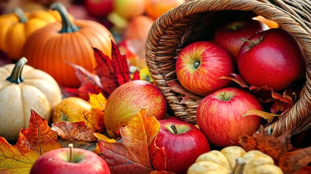 A vibrant cornucopia brimming with apples, pumpkins, and autumn leaves, symbolizing the abundance of the fall harvest.