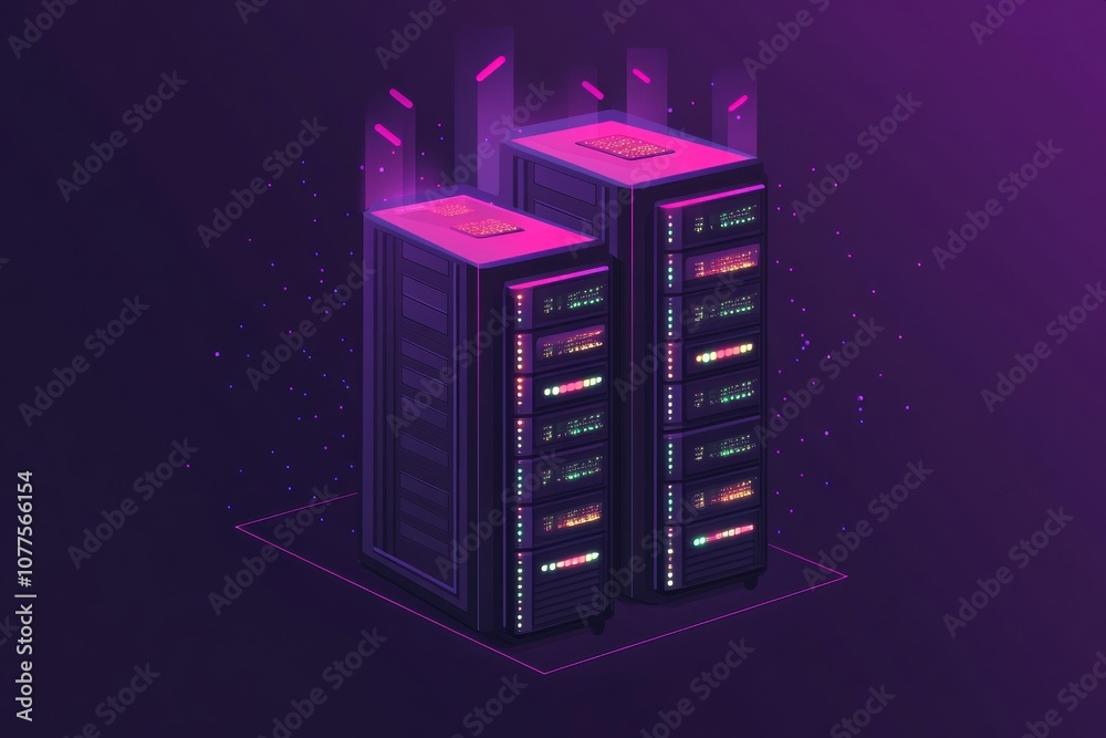 Aufkleber Two servers with vibrant blinking indicators stand prominently against a dark backdrop, reflecting high-tech data processing activity. Generative AI