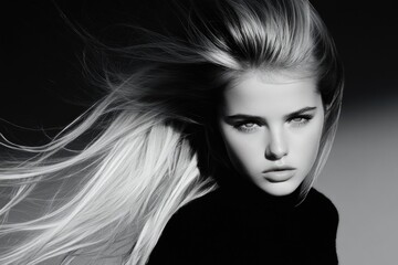 Fototapeta premium Monochrome portrait of a woman with flowing hair