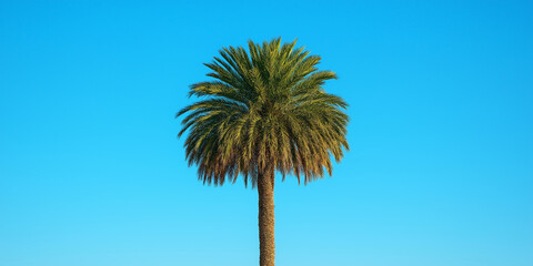 tall palm tree stands against clear blue sky, creating serene tropical atmosphere. vibrant green fronds contrast beautifully with bright background, evoking sense of relaxation and warmth