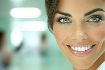 Close-up portrait of a smiling woman with bright green eyes and flawless skin