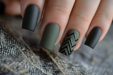 Close-up of hands showcasing matte green nail art with chevron details.
