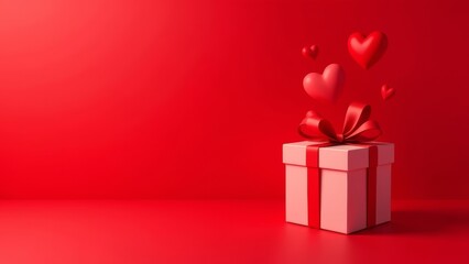 On a red background there is a red gift box next to red hearts. space for text
