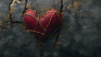 Crimson heart joined by golden dots inside a cracked wall generative ai