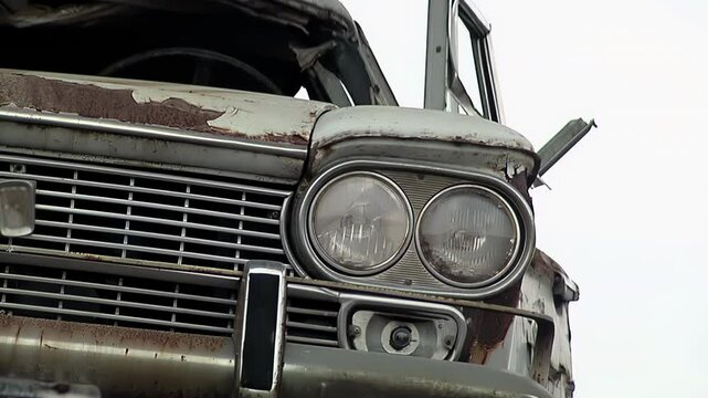 Rust-Covered Car Abandoned in Scrap Yard, Close-Up - 4K