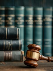 A wooden gavel rests on a table in front of law books, symbolizing justice and the legal profession.