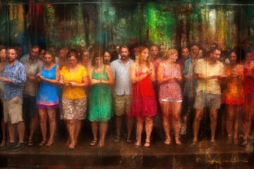 Colorful crowd in motion: people in vibrant clothing blending into artistic background