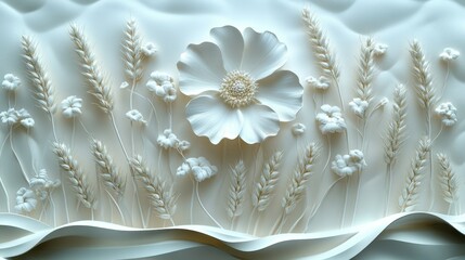 A single wildflower surrounded by stalks of wheat, rendered in a crisp 3D outline.