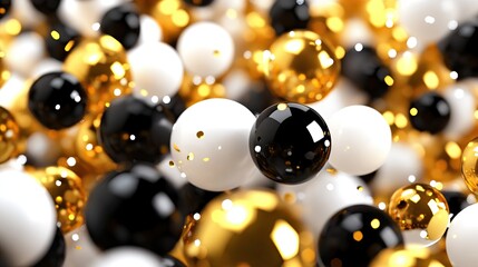 Abstract Close-Up of Shiny Black, White, and Gold Balls with Sparkling Glitter and Dazzling Light Reflections Creating a Festive Atmosphere