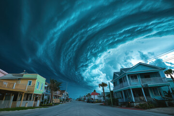 Ominous storm clouds gather dramatically over a quiet coastal town, casting an eerie blue hue over colorful houses in anticipation of an approaching storm.