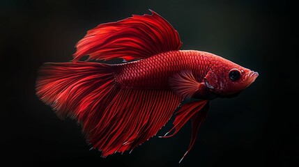 A Vibrant Red Betta Fish with Flowing Fins Against a Dark Background
