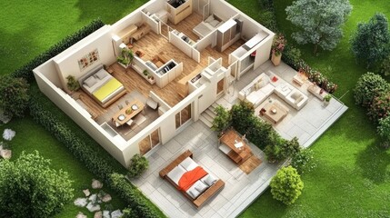 Modern Single-Story Home Layout with Open Concept Living Area, Spacious Kitchen, and Outdoor Patio Surrounded by Lush Greenery and Beautiful Landscaping