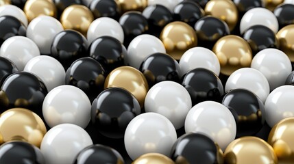 A Stunning Arrangement of Glossy Black, White, and Gold Balls on a Dark Surface, Showcasing a Modern and Elegant Decorative Element for Design Projects