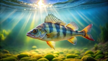 Fototapeta premium A solitary striped fish swims through a sunlit underwater landscape, its scales shimmering with light