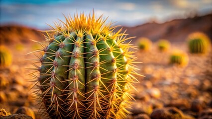 A close-up of a prickly cactus with golden spines basking in the warm afternoon sun, the desert landscape blurred behind