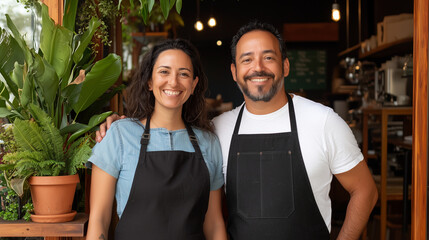 Café Owners Smiling Together at Business Entrance
